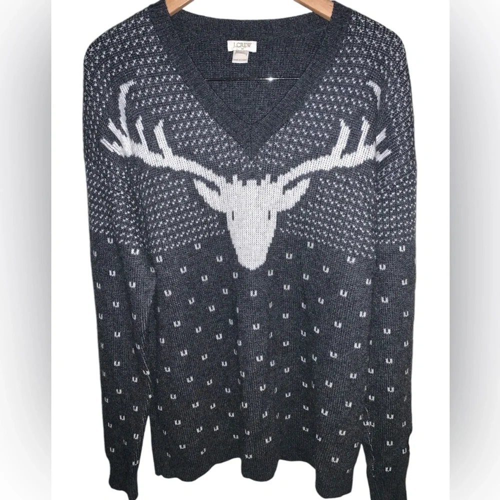 J. Crew Gray and Cream Deer Intarsia V-Neck Sweater